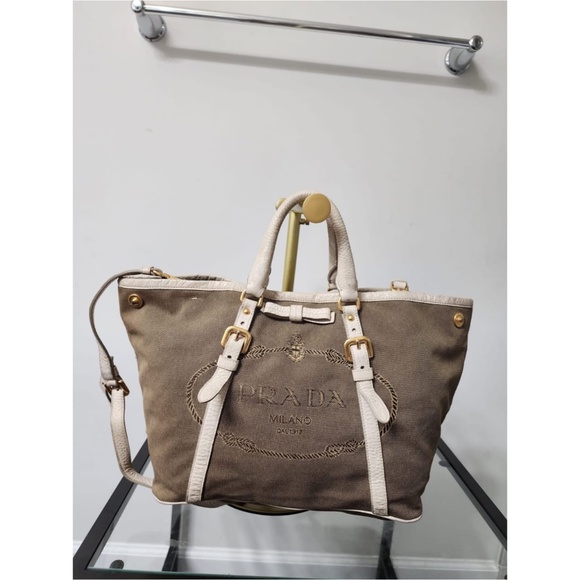 Authentic Prada Canapa Logo Jacquard Tote Beige/Brown - Picture 9 of 16